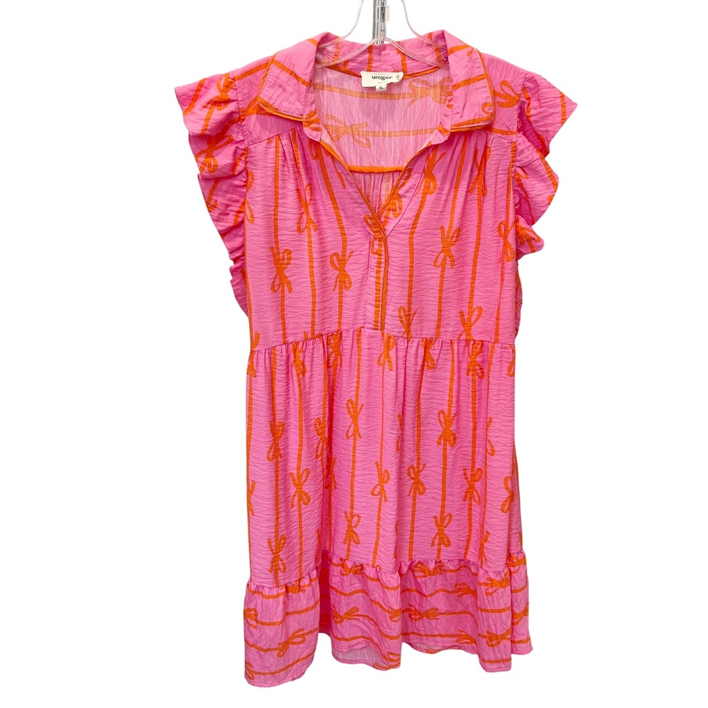 Umgee Pink Orange Bow Stripe Print Ruffle Babydoll Mini Dress Preppy Size 1XL